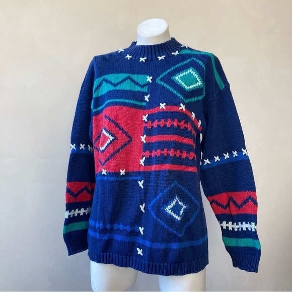 AJ Brandon | Vintage Stiched Colorblock Geometric 90s Knit Sweater - Picture 1 of 6